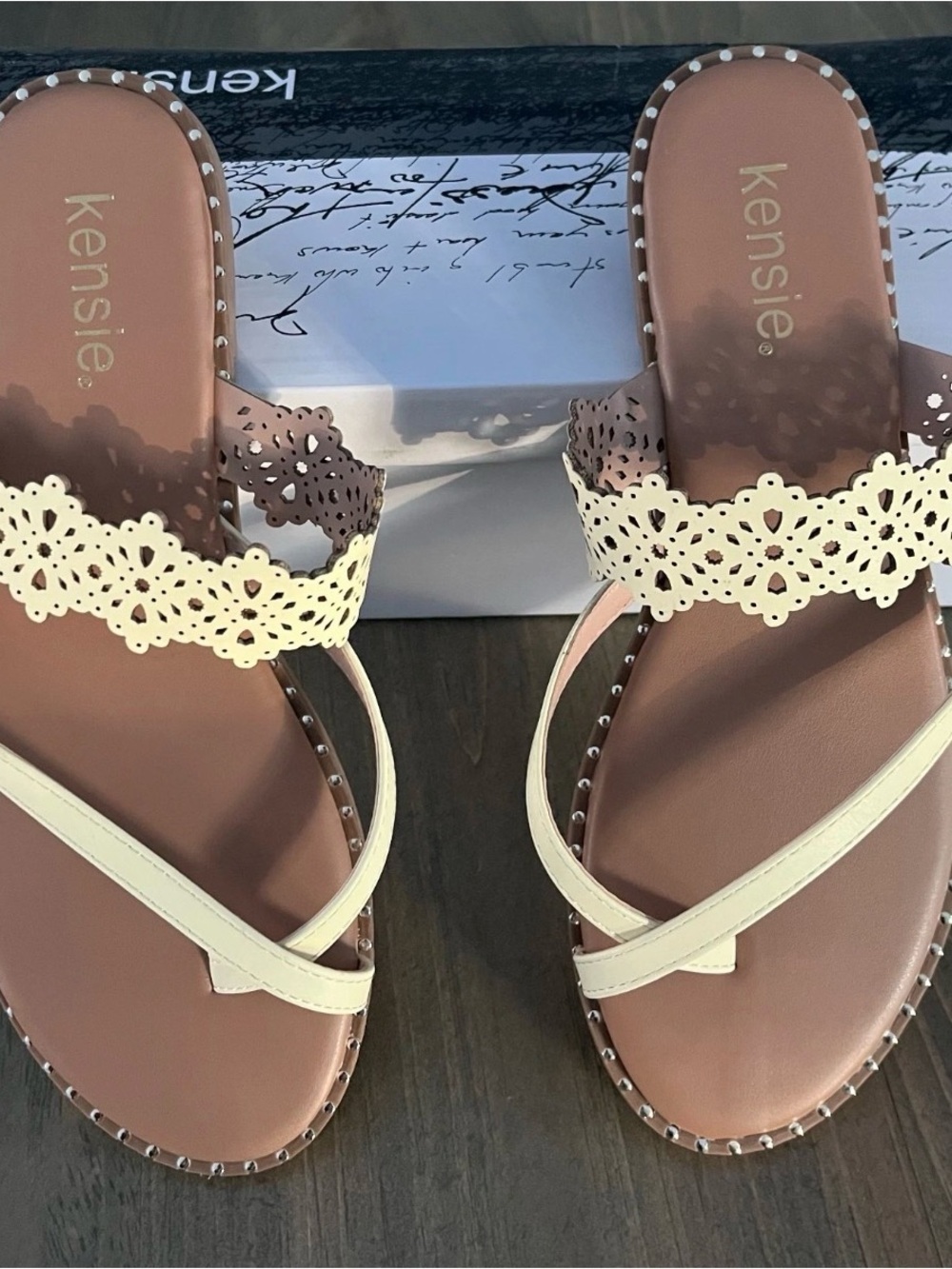 Kensie Women's Cream pale yellow 8.5 Kensie Floral Laser-Cut Sandals